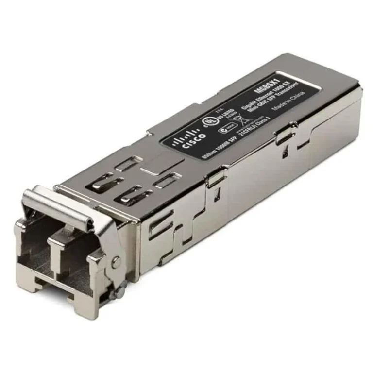 Cisco MGBSX1 SFP Fiber Module for Gigabit Ethernet, 850nm wavelength, up to 550m on multimode fiber for Cisco switches.