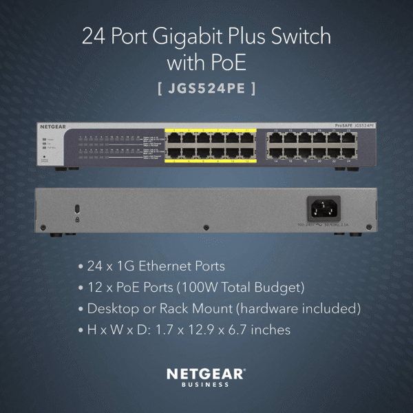 Netgear 100W 24 Port Gigabit Ethernet Poe Smart Managed Plus Switch with 12 Ports Poe, JGS524PE - Image 2