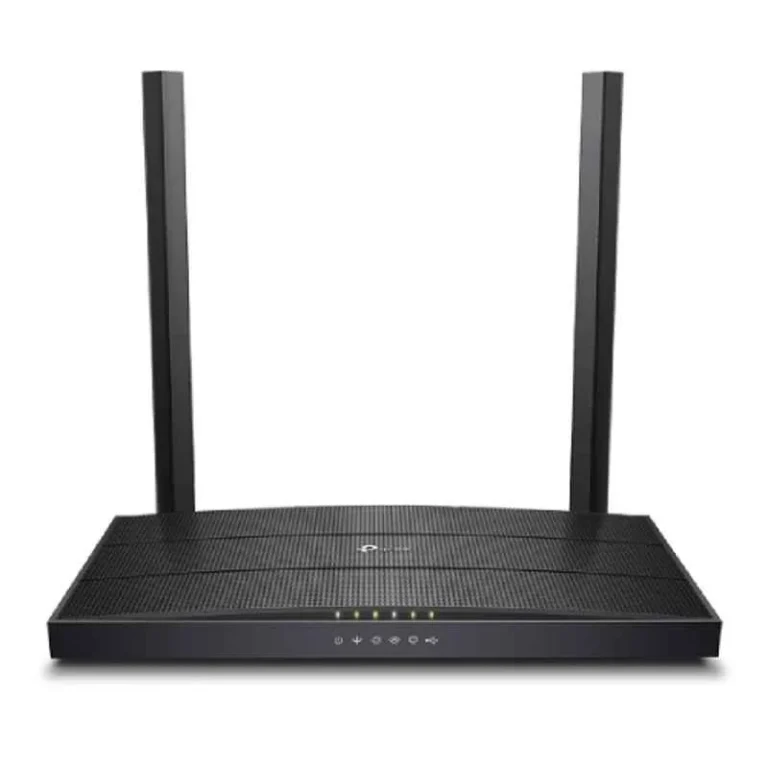 TP-Link XC220-G3v AC1200 Wireless VoIP XPON Router in black, featuring dual-band antennas for high-speed fiber internet and VoIP calls.