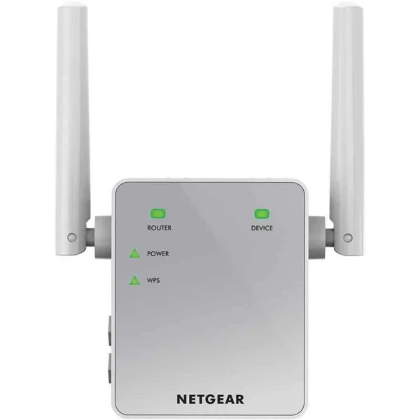 NETGEAR EX3700 AC750 WiFi Range Extender in white, featuring two external antennas, plugged into a wall outlet for enhanced WiFi coverage.