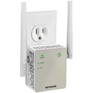 NETGEAR Wi-Fi range extender with dual antennas and indicator lights for router, power, and Wi-Fi status, designed to boost wireless network coverage