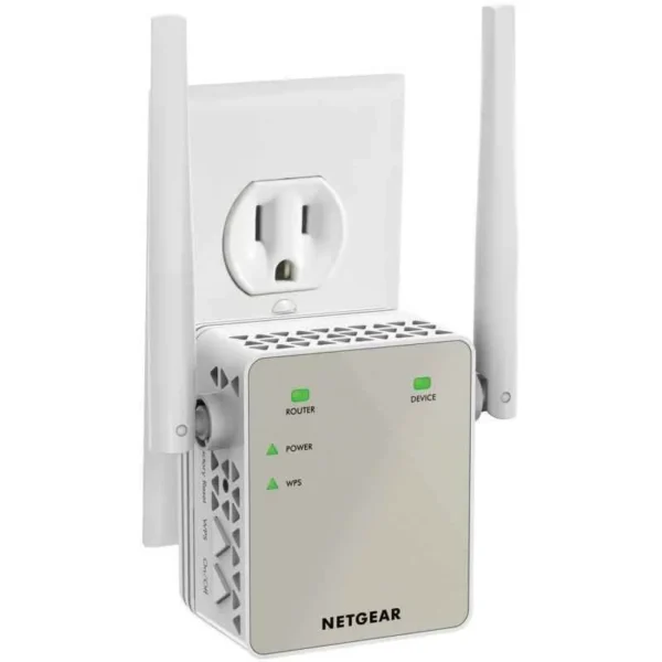 NETGEAR Wi-Fi range extender with dual antennas and indicator lights for router, power, and Wi-Fi status, designed to boost wireless network coverage