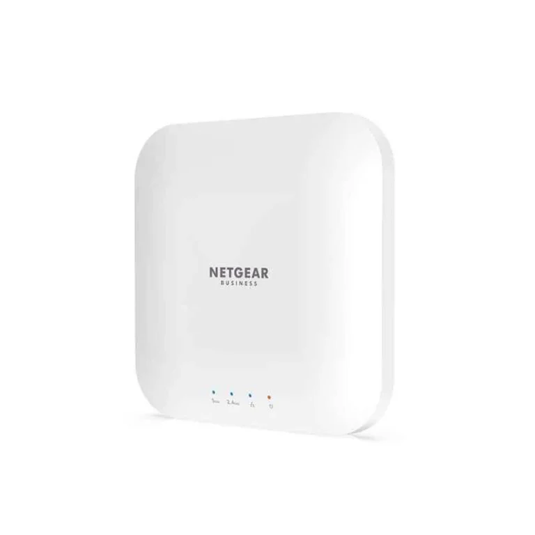 NETGEAR WAX214 AX1800 WiFi 6 Dual-Band Access Point mounted on a wall, delivering high-speed, secure wireless connectivity for small businesses.