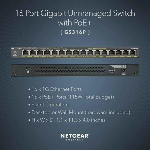 Netgear GS316P 16 Ports 32 Gbps Gigabit Ethernet PoE Unmanaged Switch - Image 6