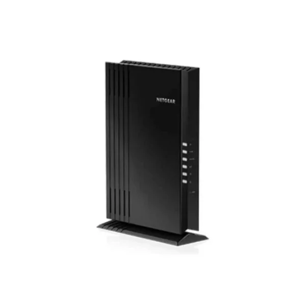 NETGEAR Nighthawk AX1800 WiFi 6 Mesh Extender on a desk, enhancing home WiFi coverage.