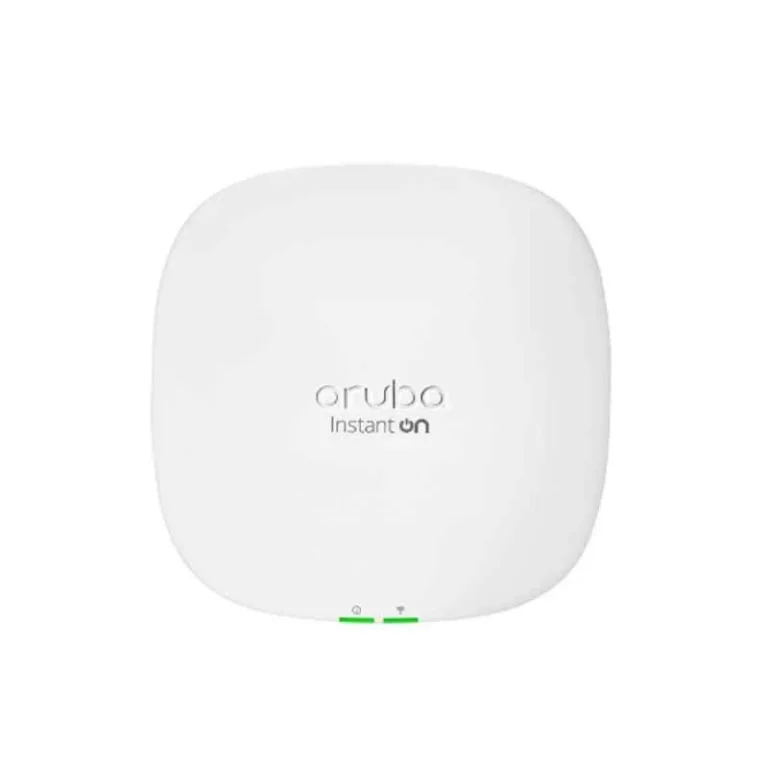 HPE Aruba S0G22A Instant On AP25 4x4 Wi-Fi 6 Indoor Access Point with PoE adaptor and mount kit on white background