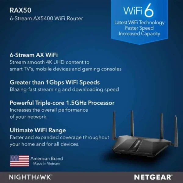Netgear RAX50-100EUS AX5400 5400Mbps Nighthawk AX6 Wireless 6 Router - Image 5