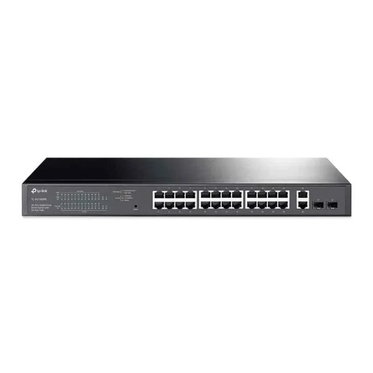 TP-Link TL-SG1428PE 28-Port Gigabit Easy Smart Switch with 24 PoE+ ports in a rack-mountable metal casing.