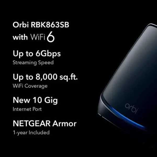 NETGEAR Orbi 860 3 Pcs 6Gbps Black Tri-Band WiFi 6 Mesh System Set with 10GB Port, RBK863SB - Image 3