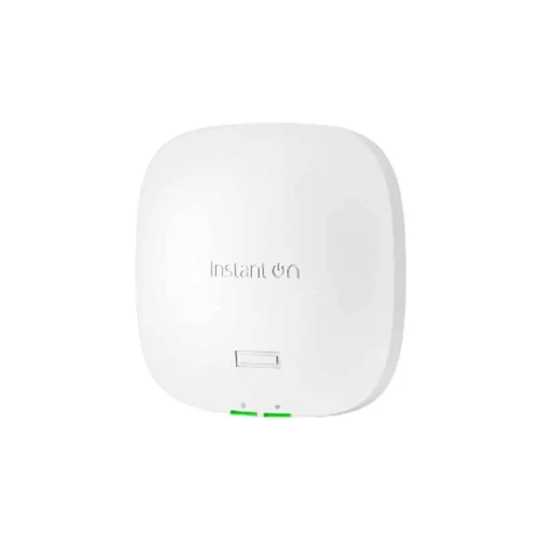 HPE Aruba AP22 Instant On RW1 2x2 Wi-Fi 6 Indoor Access Point mounted on a ceiling, delivering high-speed business Wi-Fi.
