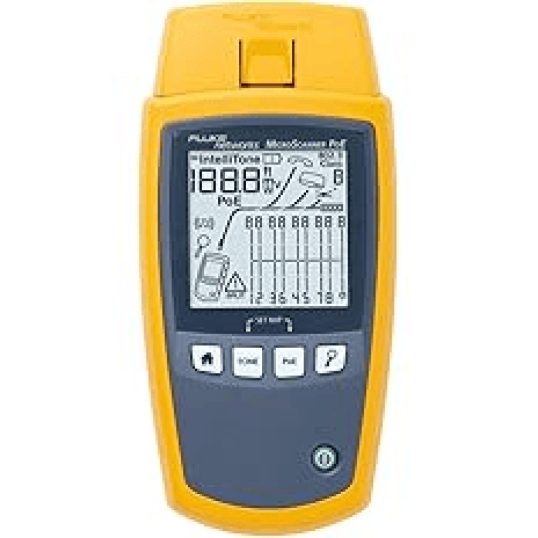 Fluke Networks MicroScanner Cable and PoE Tester showing cable diagnostics on LCD screen