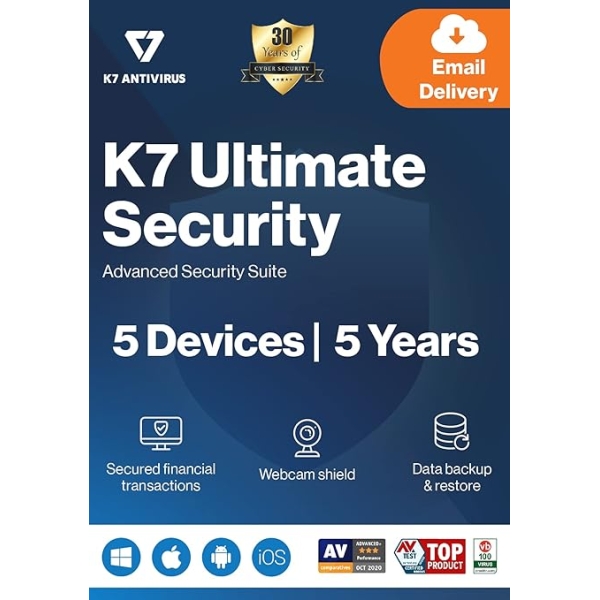 K7 Ultimate Security Antivirus Software 2025 | 5 Devices | 5Year | Threat Protection | Internet Security, Mobile Protection| Windows laptop, PC | Mac® | Phones | Tablets | Email Delivery |