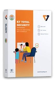 K7 Total Security 3 Users 1 Year software box with email delivery, offering antivirus and malware protection.