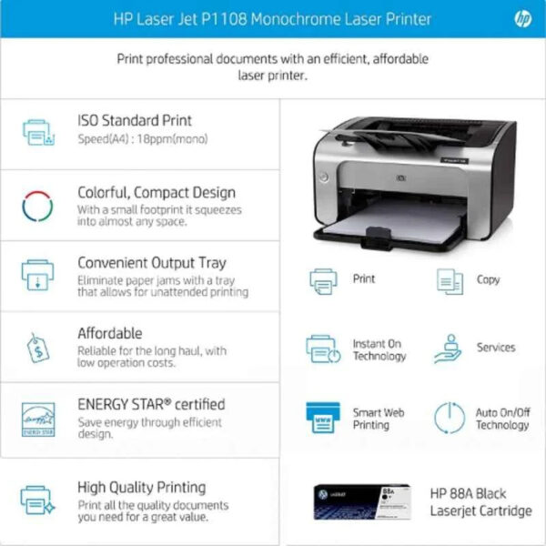 HP LaserJet Pro P1108 Single Function Monochrome Laser Printer, CE655A - Image 4
