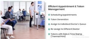 QFlow+ hospital queue management system interface with token kiosk and real-time display for patient flow