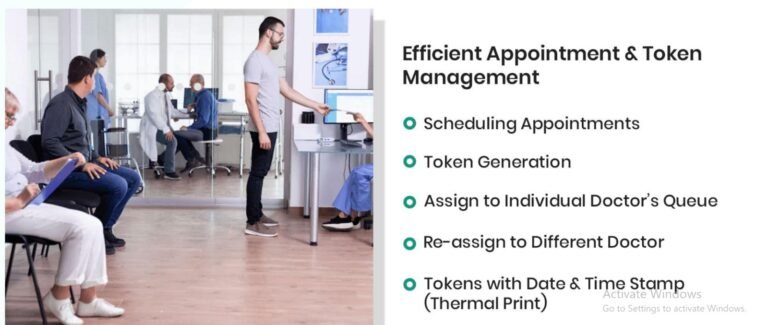 QFlow+ hospital queue management system interface with token kiosk and real-time display for patient flow
