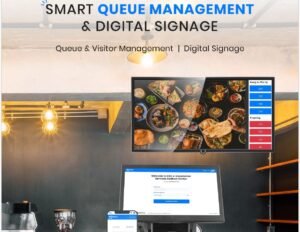 QFlow smart queue management system with self-service kiosk and digital signage displaying real-time token updates