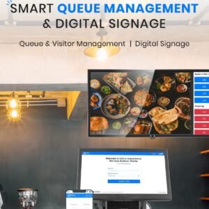 QFlow smart queue management system with self-service kiosk and digital signage displaying real-time token updates