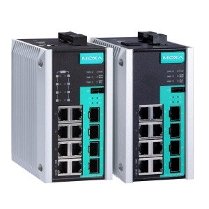 Moxa EDS-G512E-8PoE-4GSFP managed Ethernet switch with PoE+ and Gigabit SFP slots for industrial networks