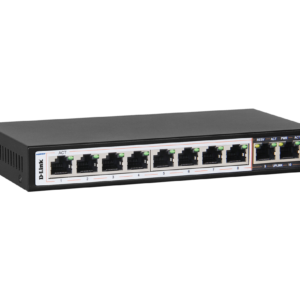 D-Link DES-F1010P-E 10-Port PoE+ Surveillance Switch with 250m range, 96W budget, and MTCTE certification for IP surveillance