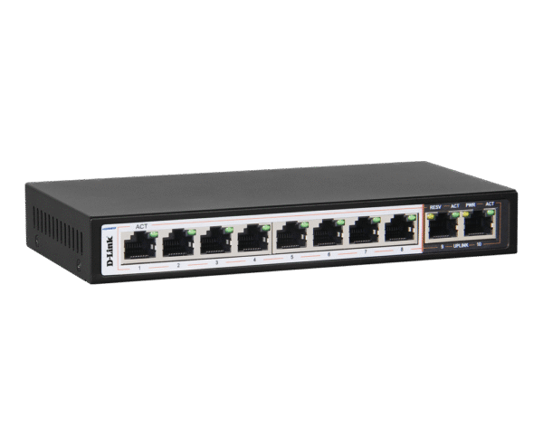 D-Link DES-F1010P-E 10-Port PoE+ Surveillance Switch with 250m range, 96W budget, and MTCTE certification for IP surveillance