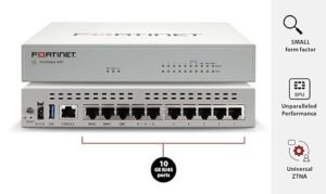 FortiGate-60F firewall with 10 GE RJ45 ports, delivering SD-WAN and robust security for small to medium-sized businesses