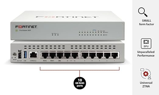 FortiGate-60F firewall with 10 GE RJ45 ports, delivering SD-WAN and robust security for small to medium-sized businesses