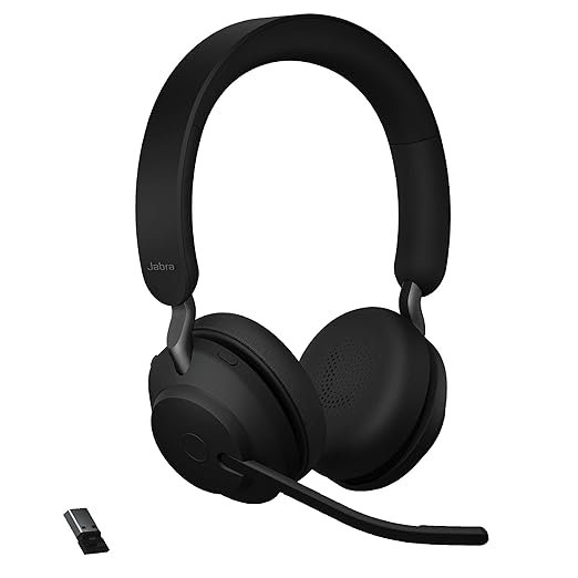 Black Jabra Evolve2 65 Link380a MS Bluetooth Wireless On-Ear Headset with noise-canceling microphone on a white background