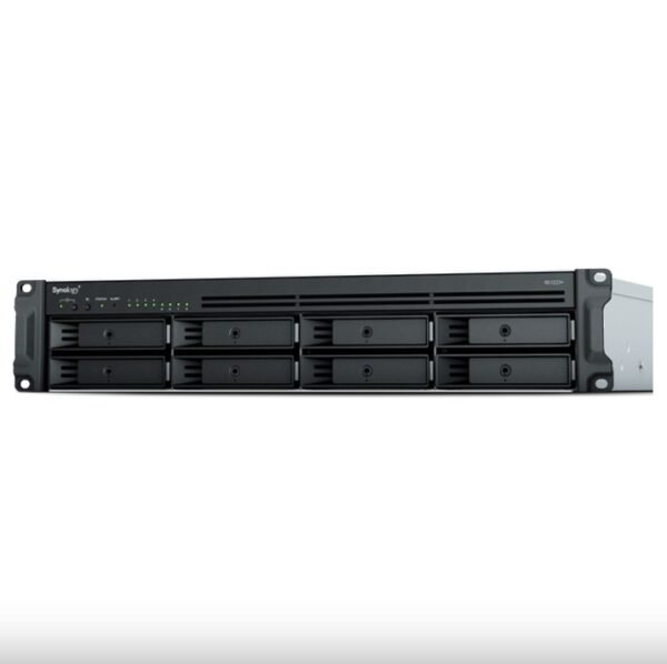 Synology RackStation RS1221RP+ 8 Bay NAS in a 2U rack with redundant power supplies for business storage.