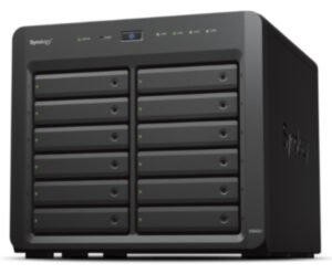 Synology DS2422+ NAS showing front view with 12 drive bays and LED indicators